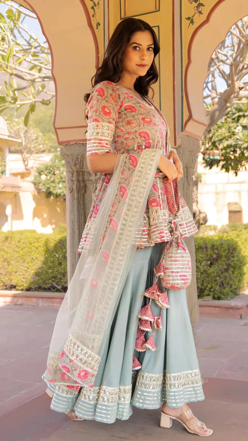 Cotton Grey & Pink Printed Sharara Set with Soft Net Dupatta