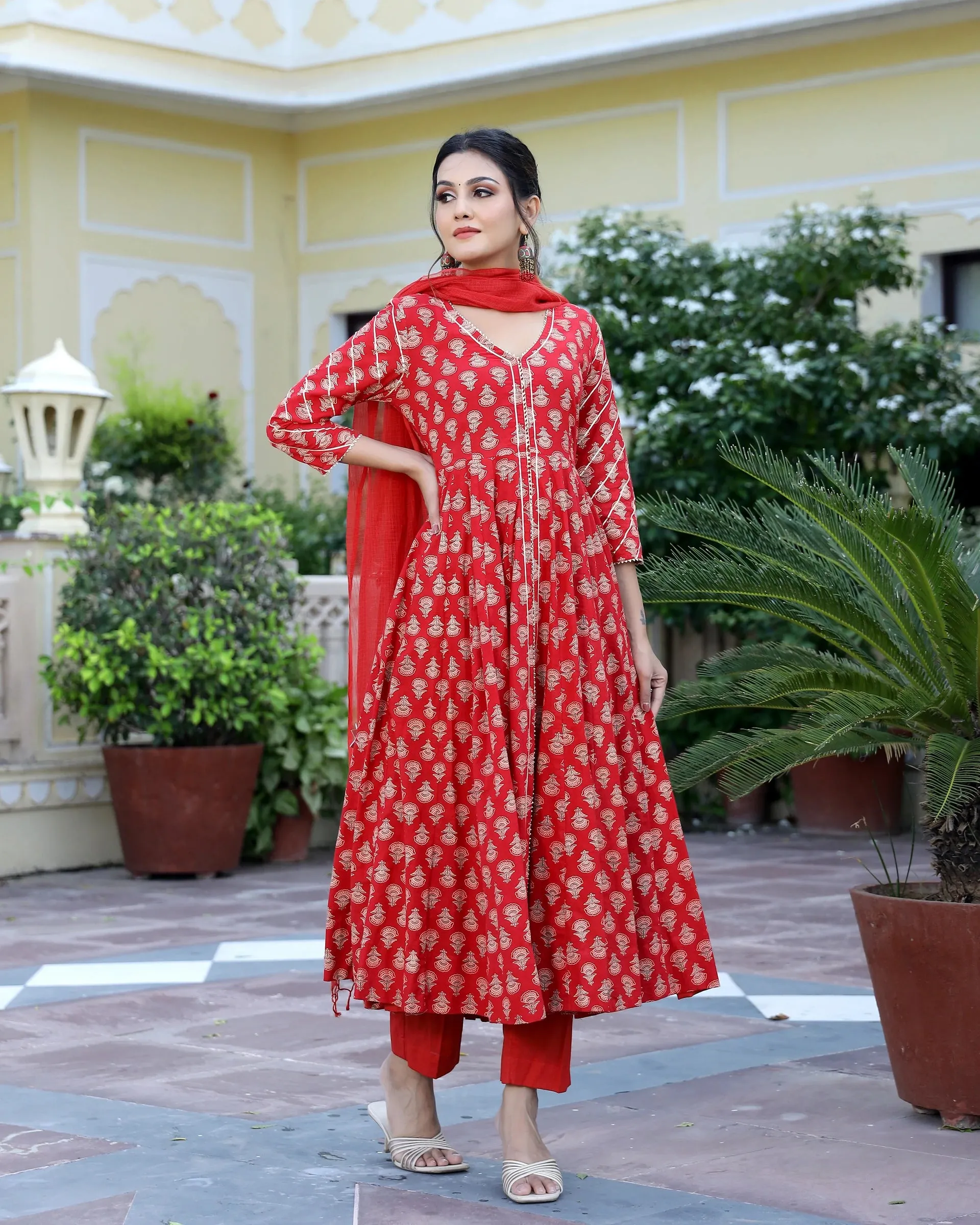 Cotton Red Hand Block Print Anarkali Kurta Set