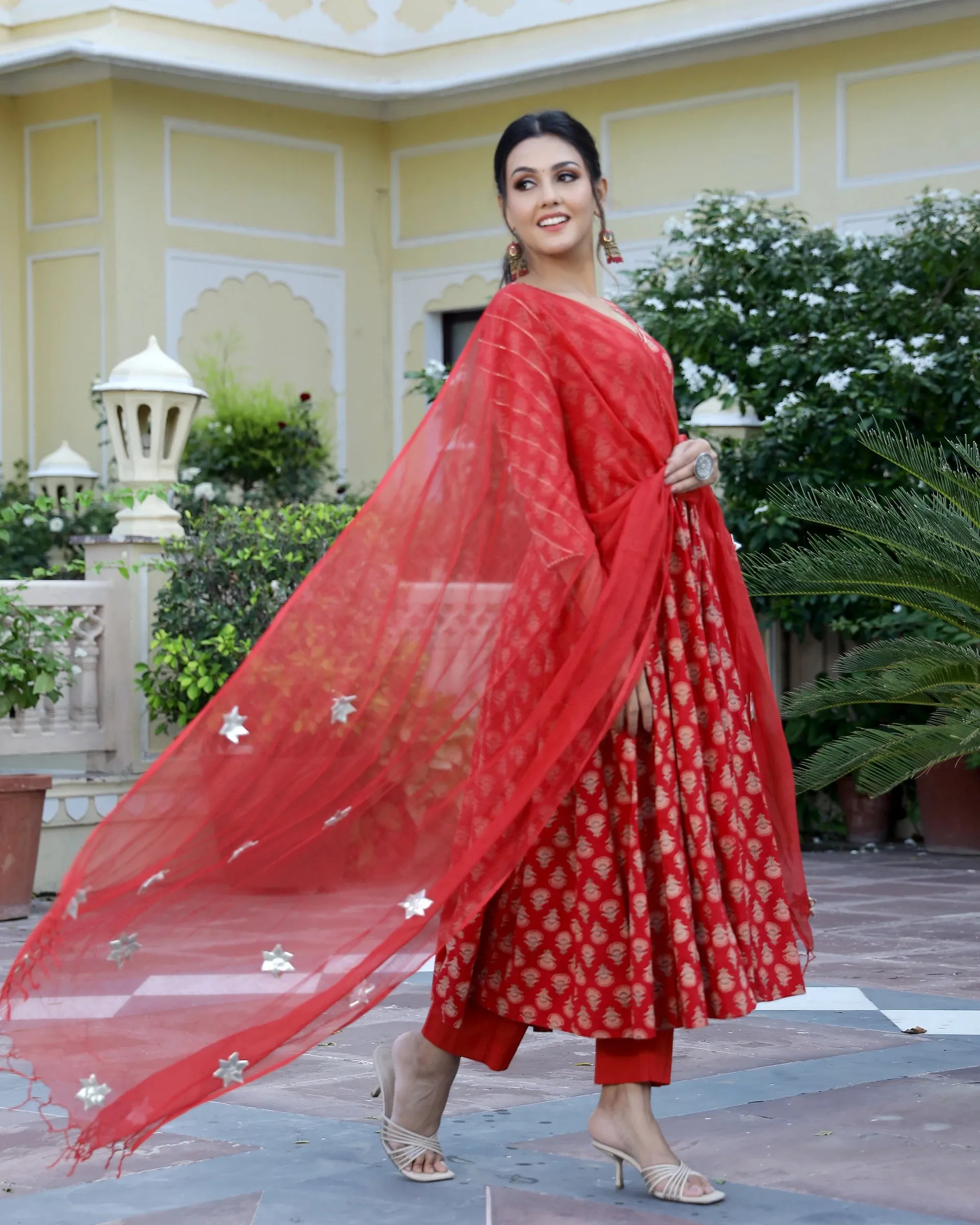 Cotton Red Hand Block Print Anarkali Kurta Set