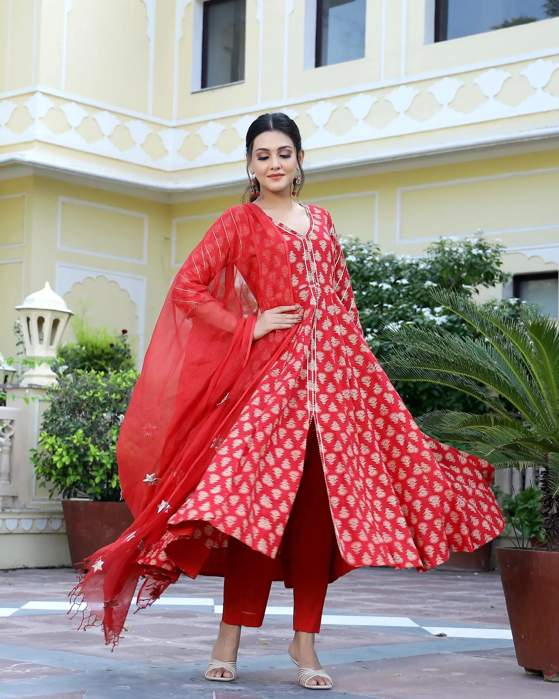 Cotton Red Hand Block Print Anarkali Kurta Set