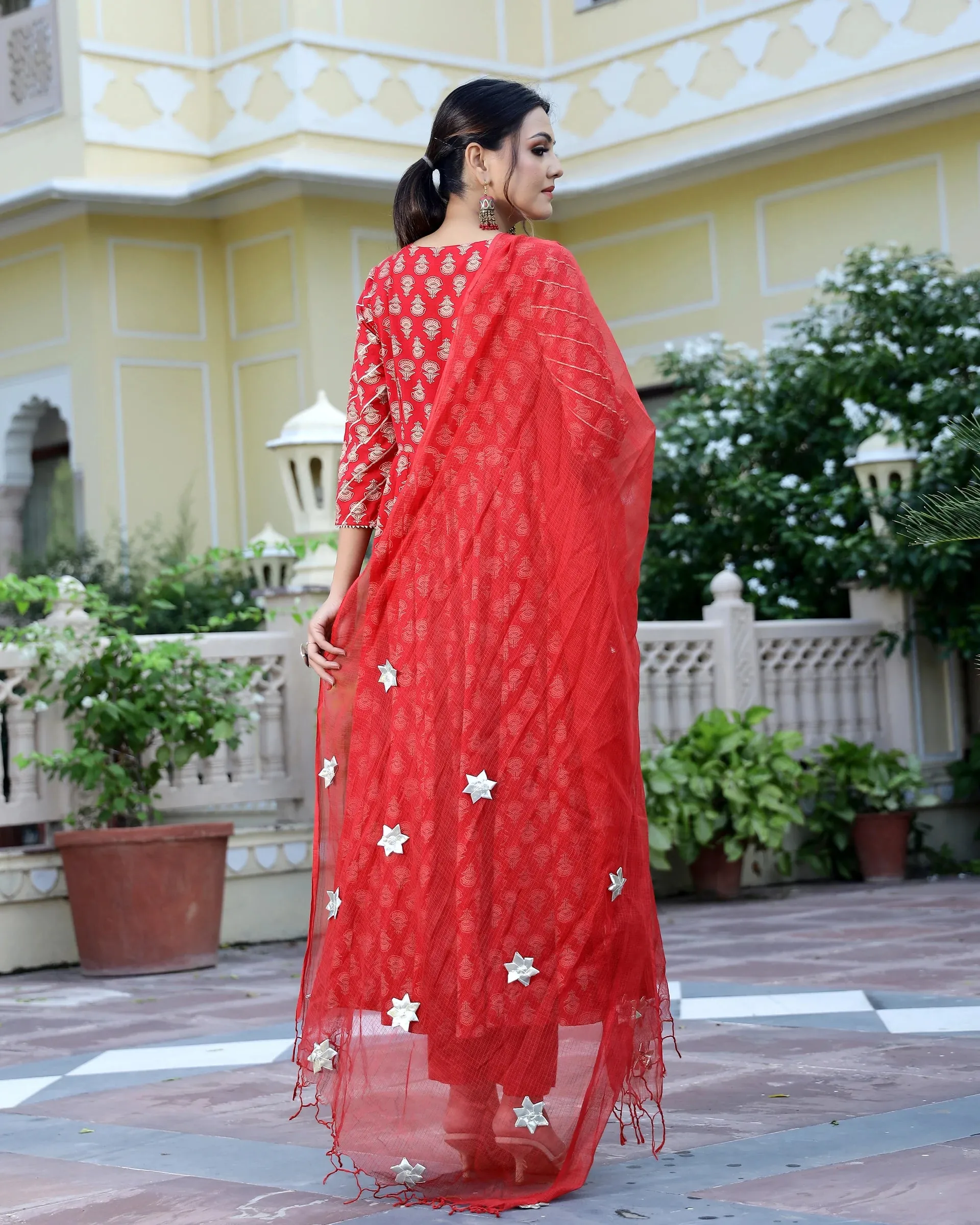 Cotton Red Hand Block Print Anarkali Kurta Set