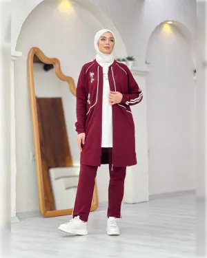 Cotton Sportswear of 3-Pieces in Light Maroon Shade بدله رياضية  صيفيه من ثلاثة قطع باللون الخمري الفاتح الجميل