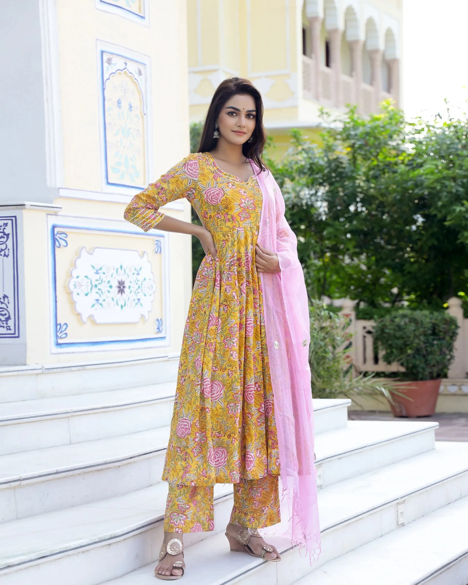 Cotton Yellow & Pink Hand Block Print Anarkali Kurta Set