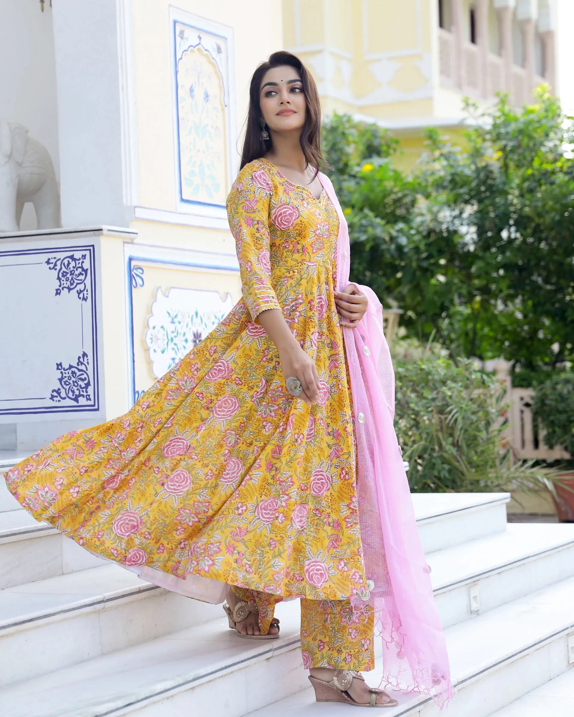 Cotton Yellow & Pink Hand Block Print Anarkali Kurta Set