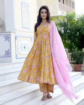 Cotton Yellow & Pink Hand Block Print Anarkali Kurta Set