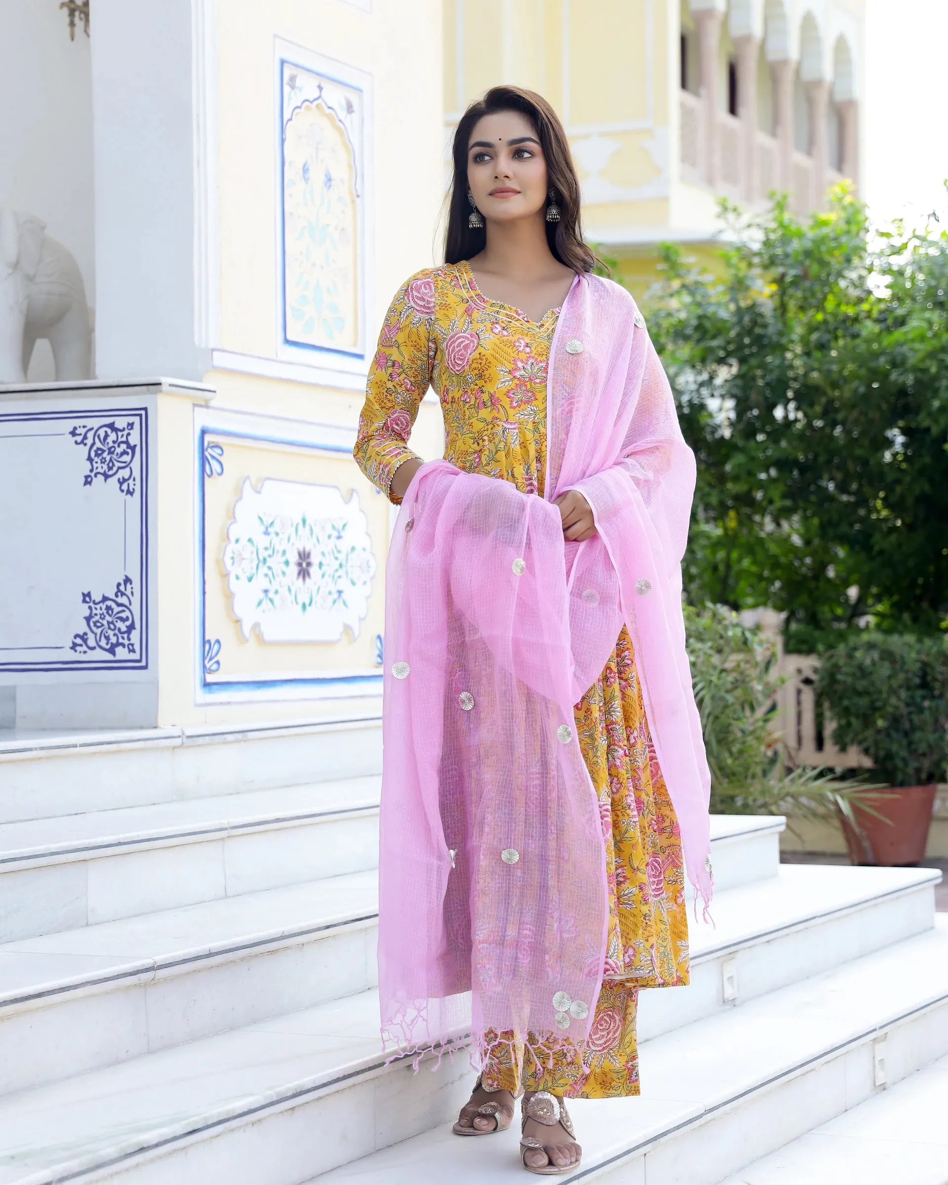 Cotton Yellow & Pink Hand Block Print Anarkali Kurta Set