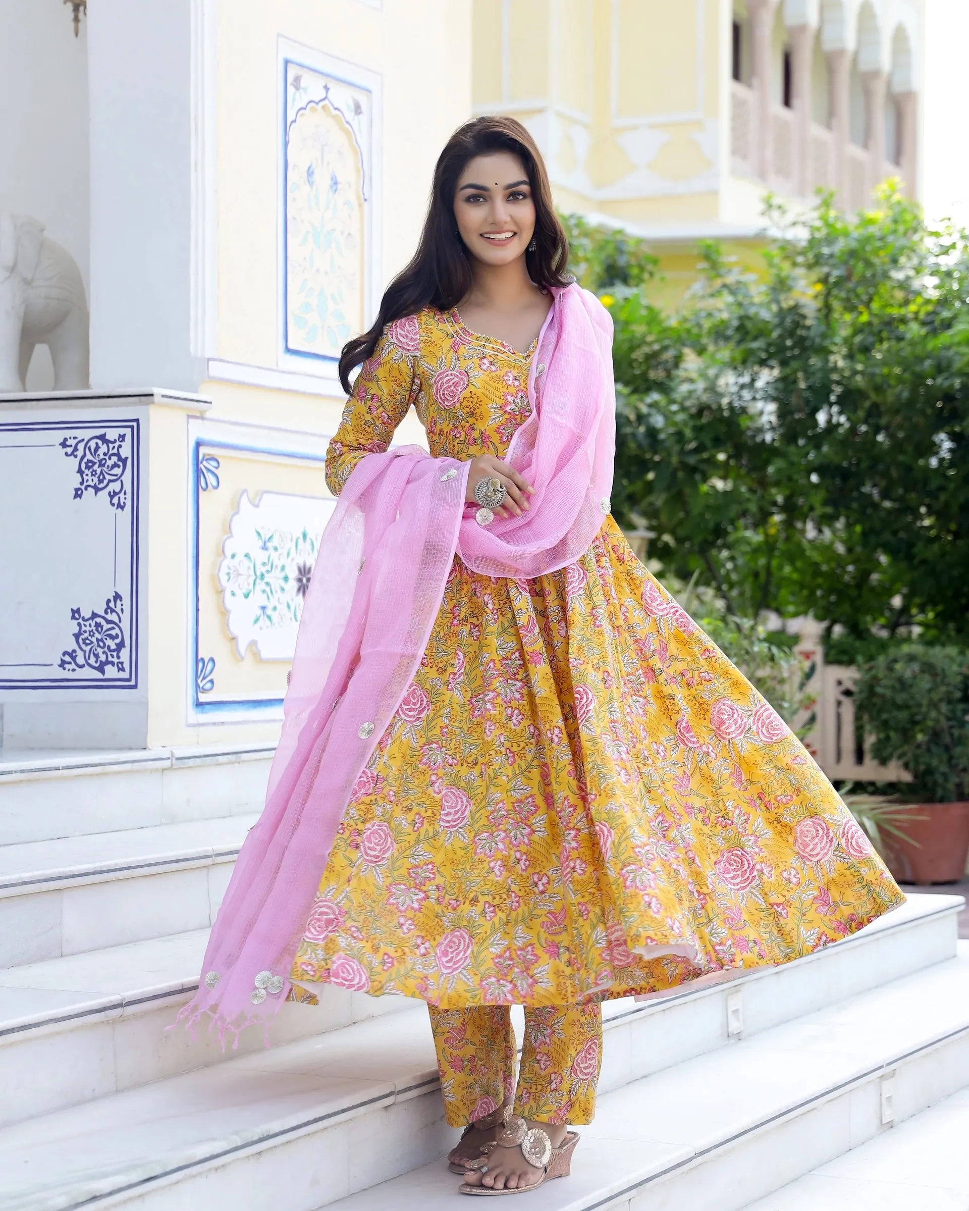 Cotton Yellow & Pink Hand Block Print Anarkali Kurta Set