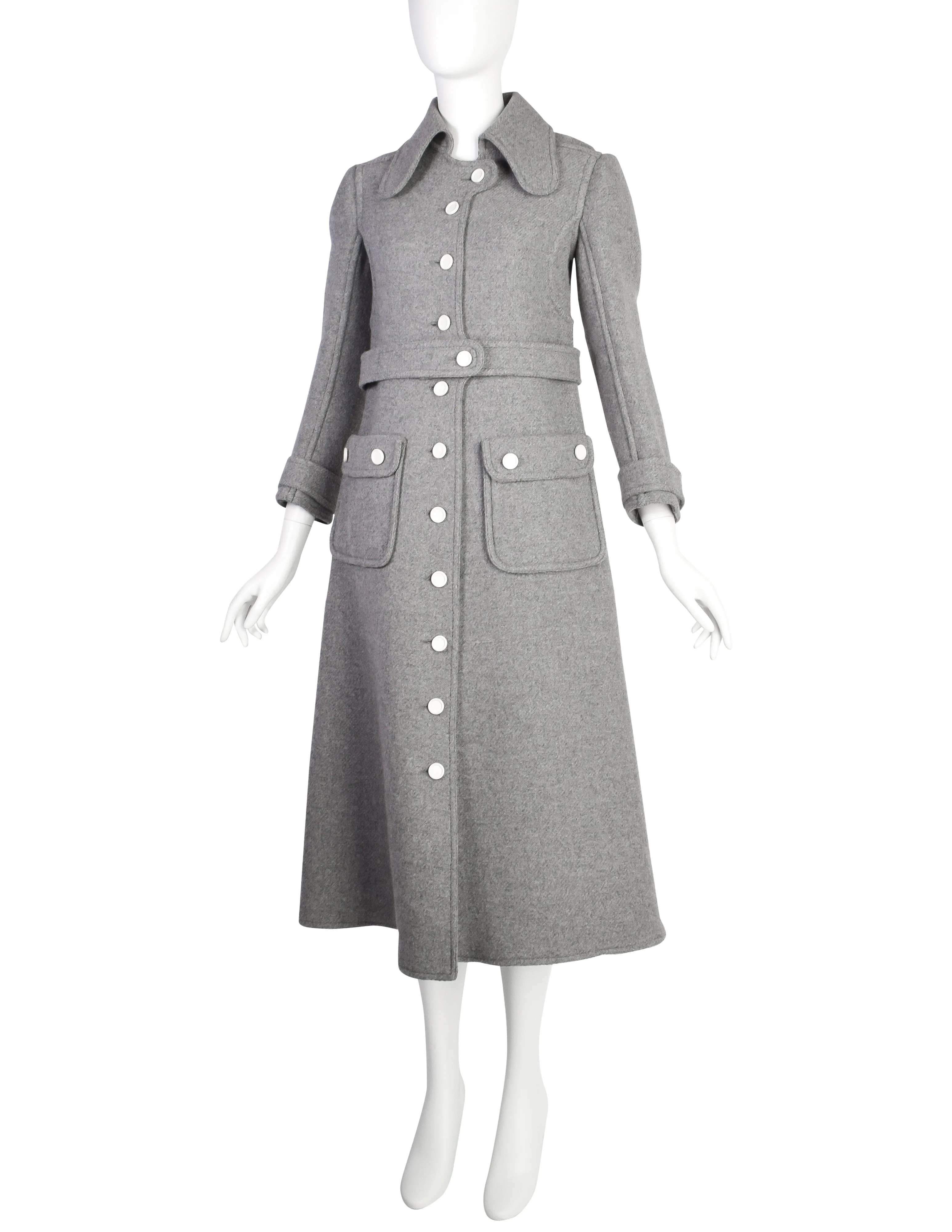 Courreges Vintage 1960s Couture Numbered Mod Space Age Grey Wool Coat