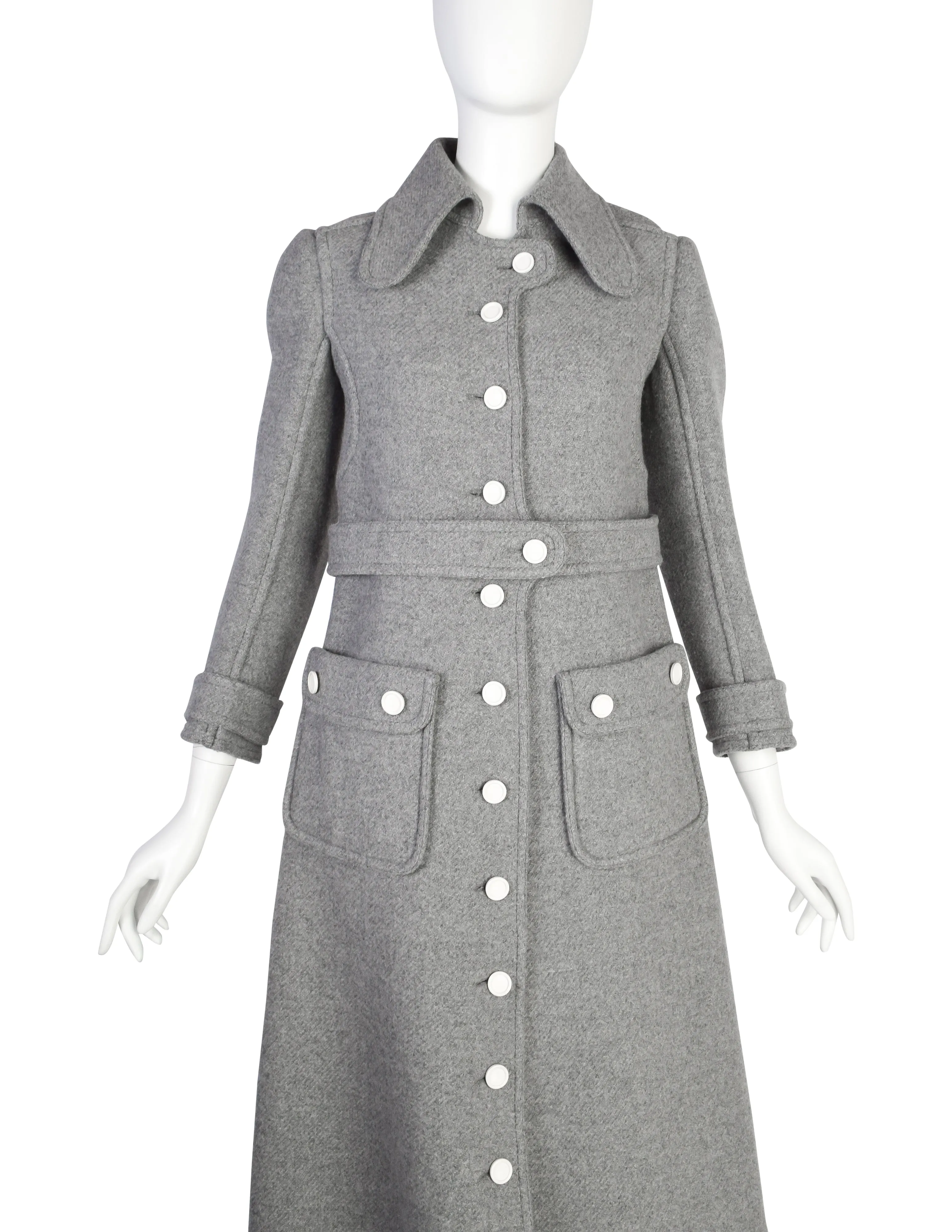 Courreges Vintage 1960s Couture Numbered Mod Space Age Grey Wool Coat