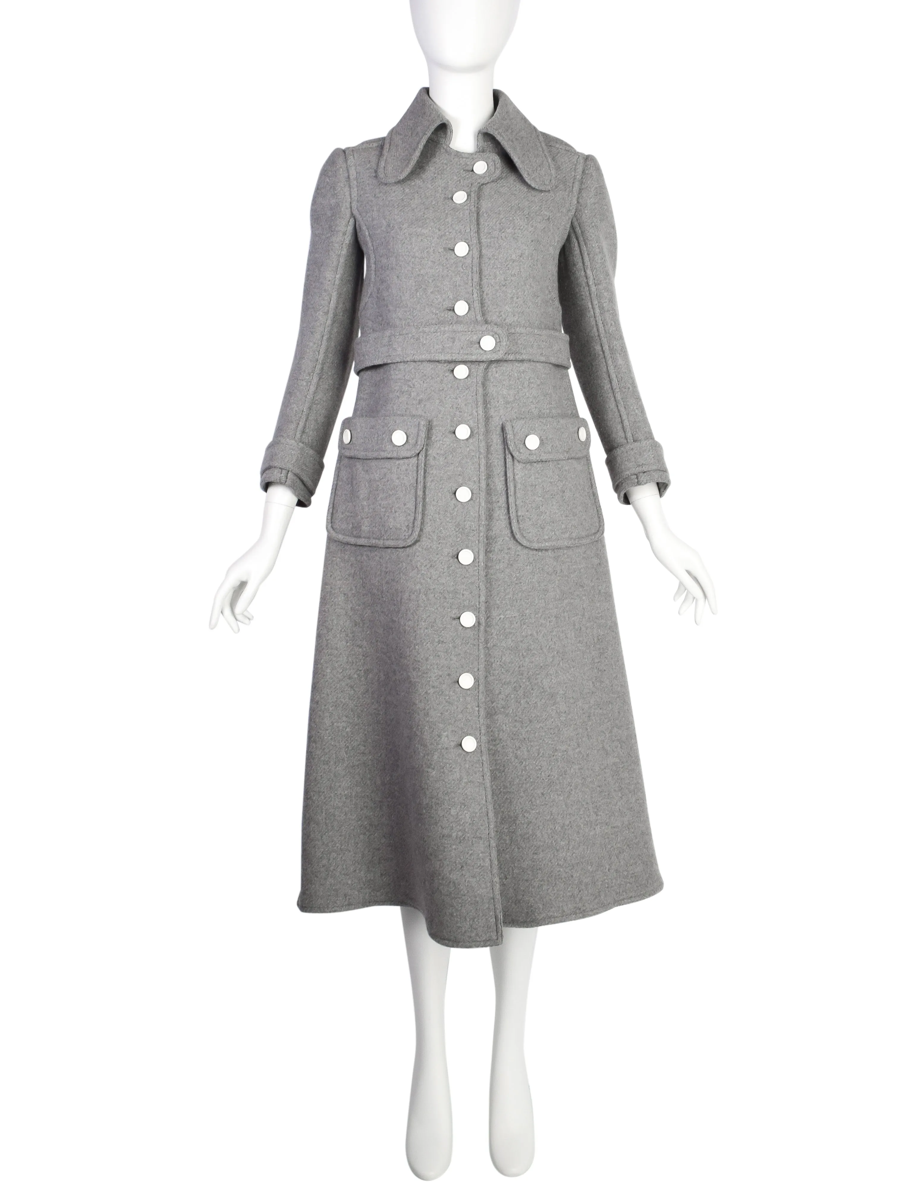 Courreges Vintage 1960s Couture Numbered Mod Space Age Grey Wool Coat