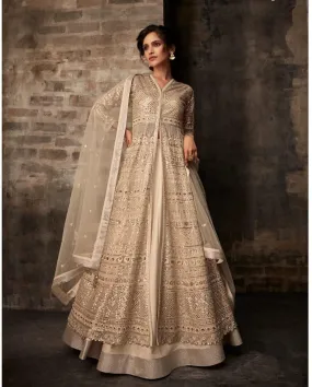 Cream Beige Wedding Anarkali Lehenga/Pants Suit