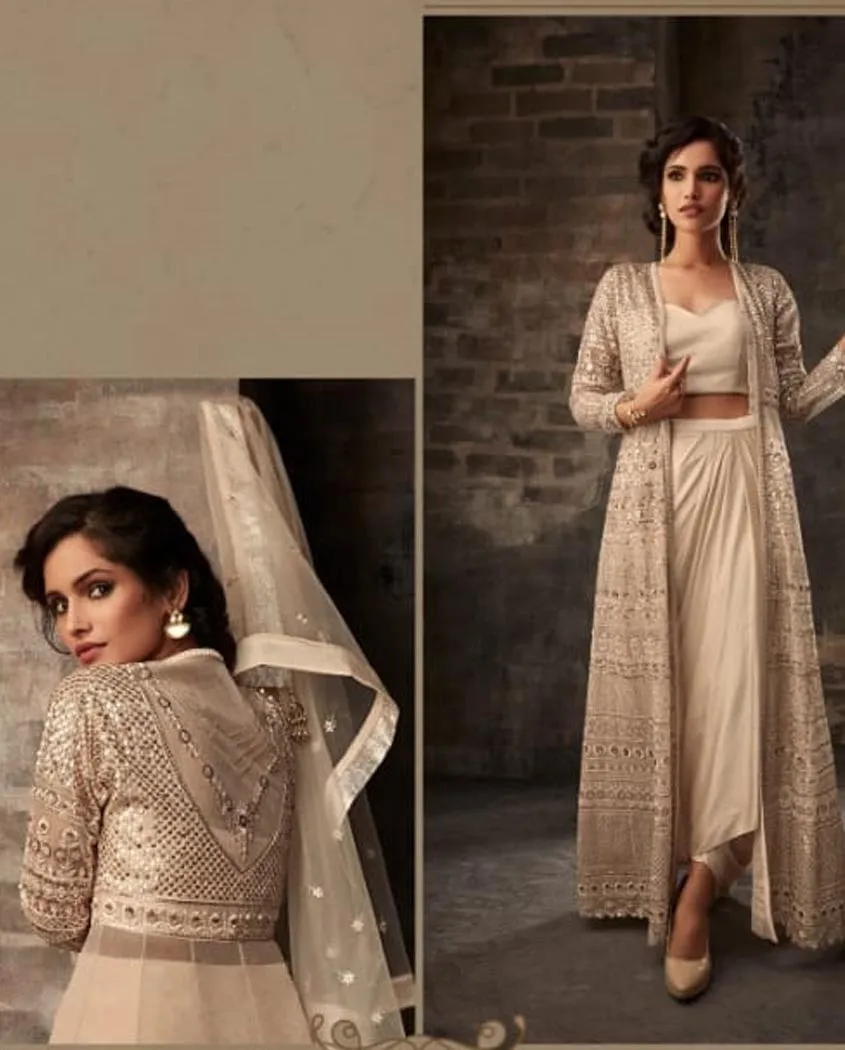 Cream Beige Wedding Anarkali Lehenga/Pants Suit