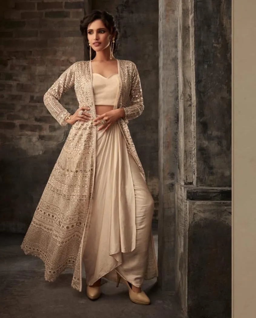 Cream Beige Wedding Anarkali Lehenga/Pants Suit