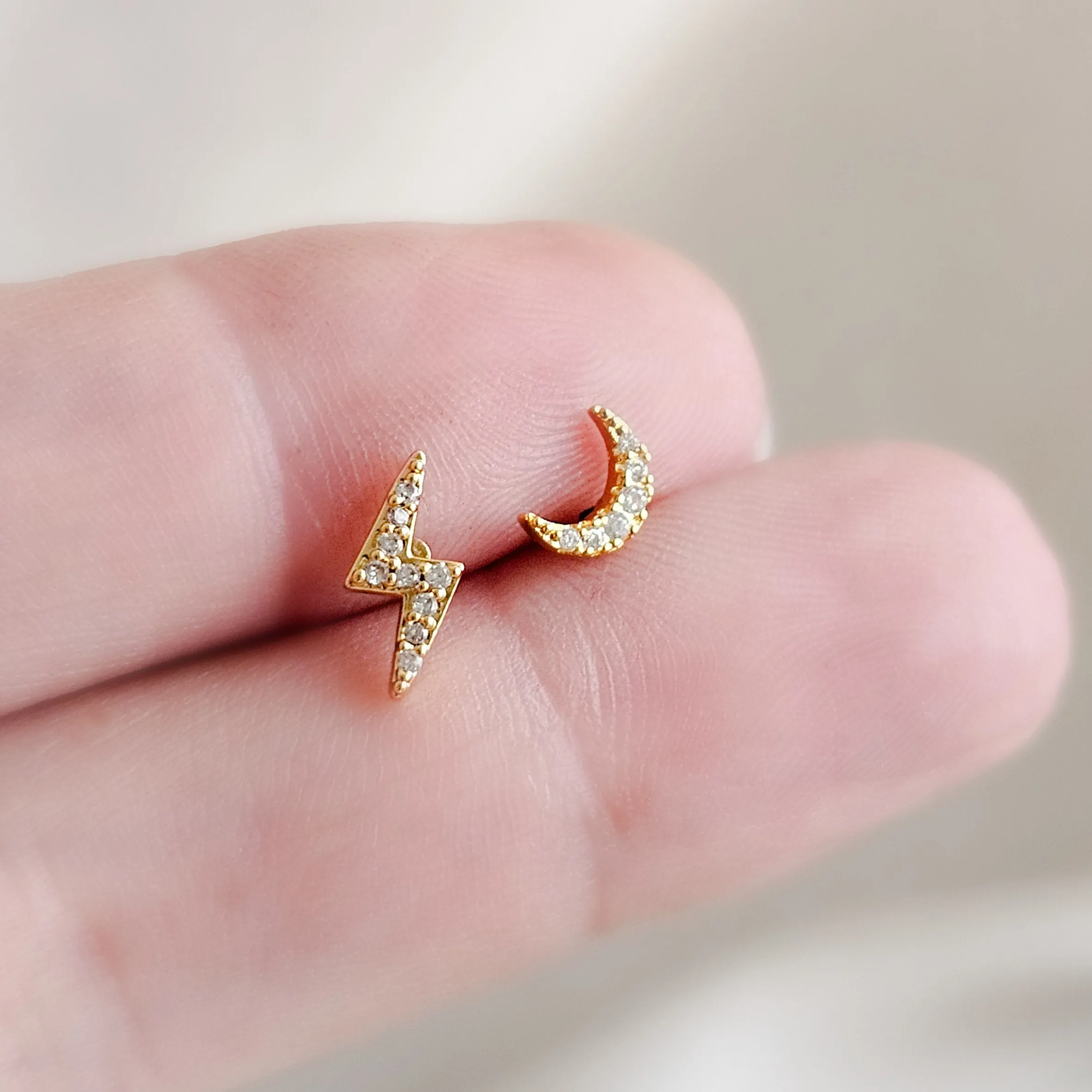 Crescent Moon & Lightning Bolt Flat Back Stud Set