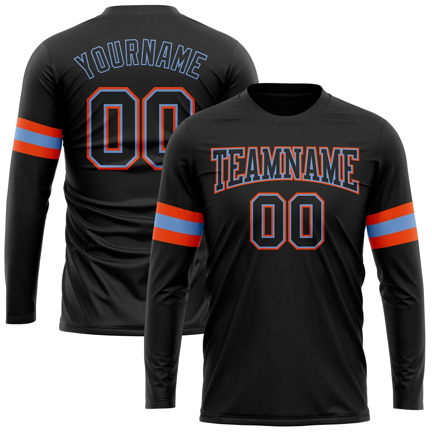 Custom Black Black Powder Blue-Orange Long Sleeve Performance T-Shirt