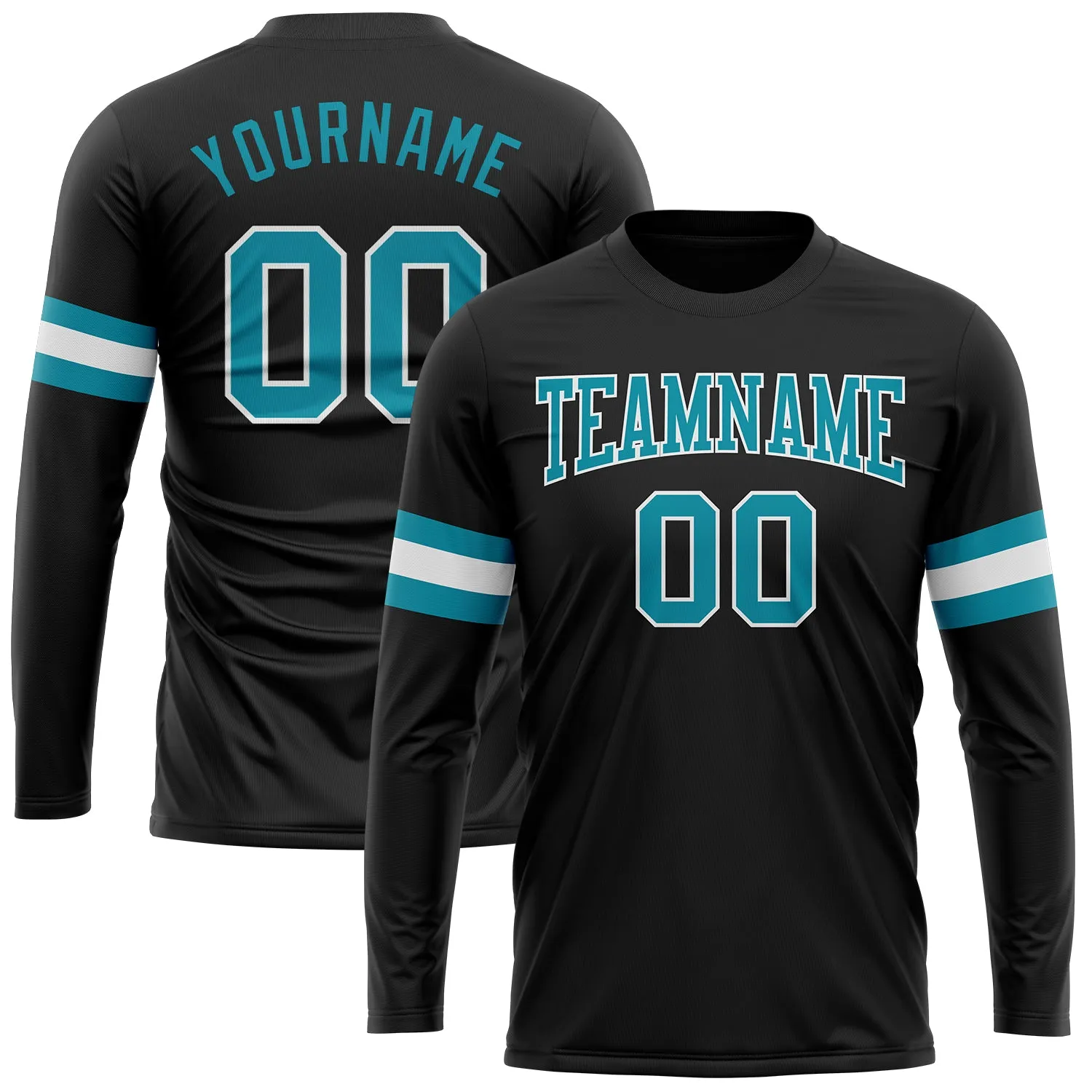 Custom Black Teal-White Long Sleeve Performance T-Shirt