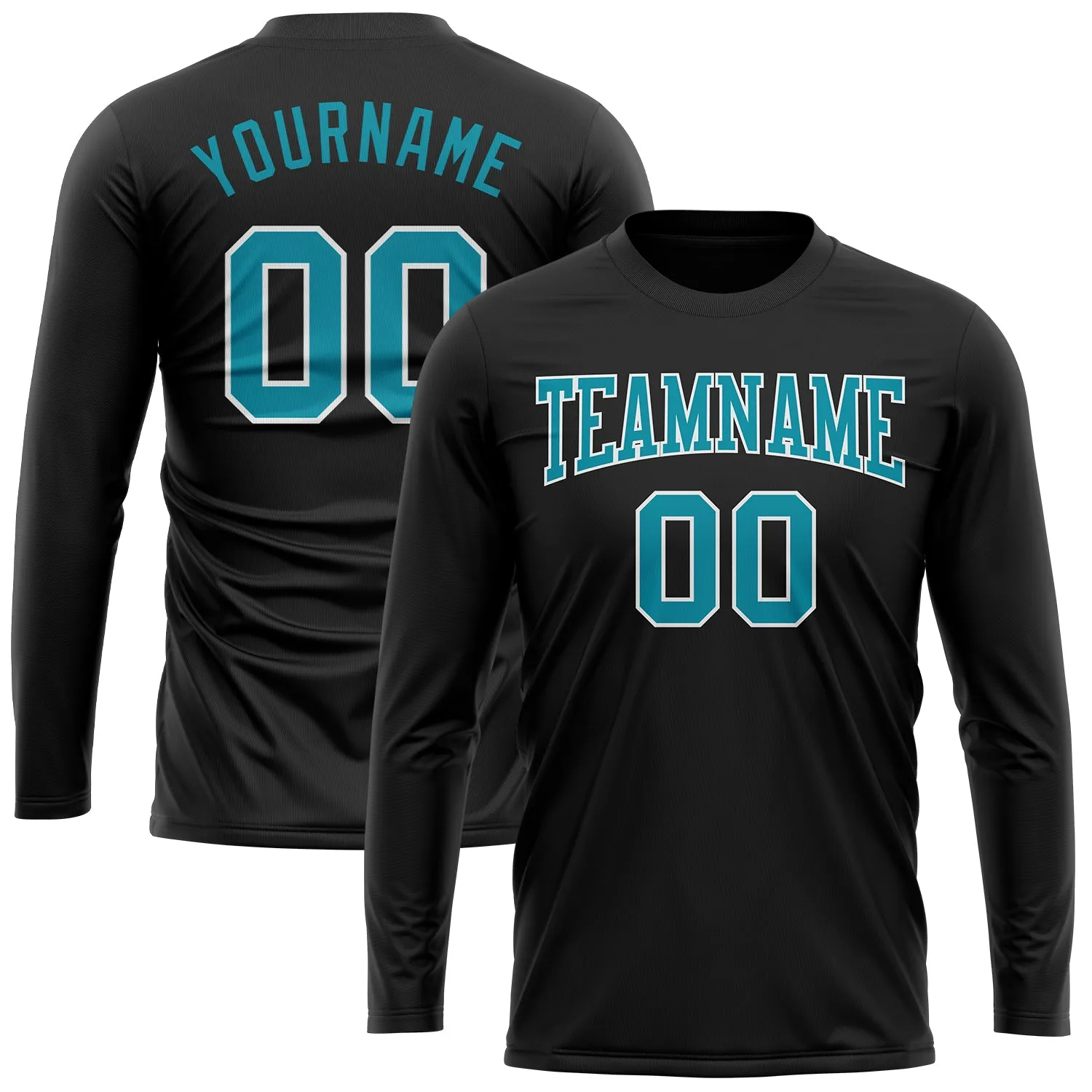 Custom Black Teal-White Long Sleeve Performance T-Shirt