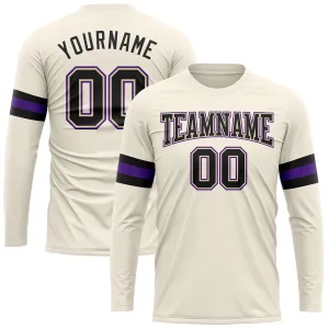 Custom Cream Black-Purple Long Sleeve Performance T-Shirt