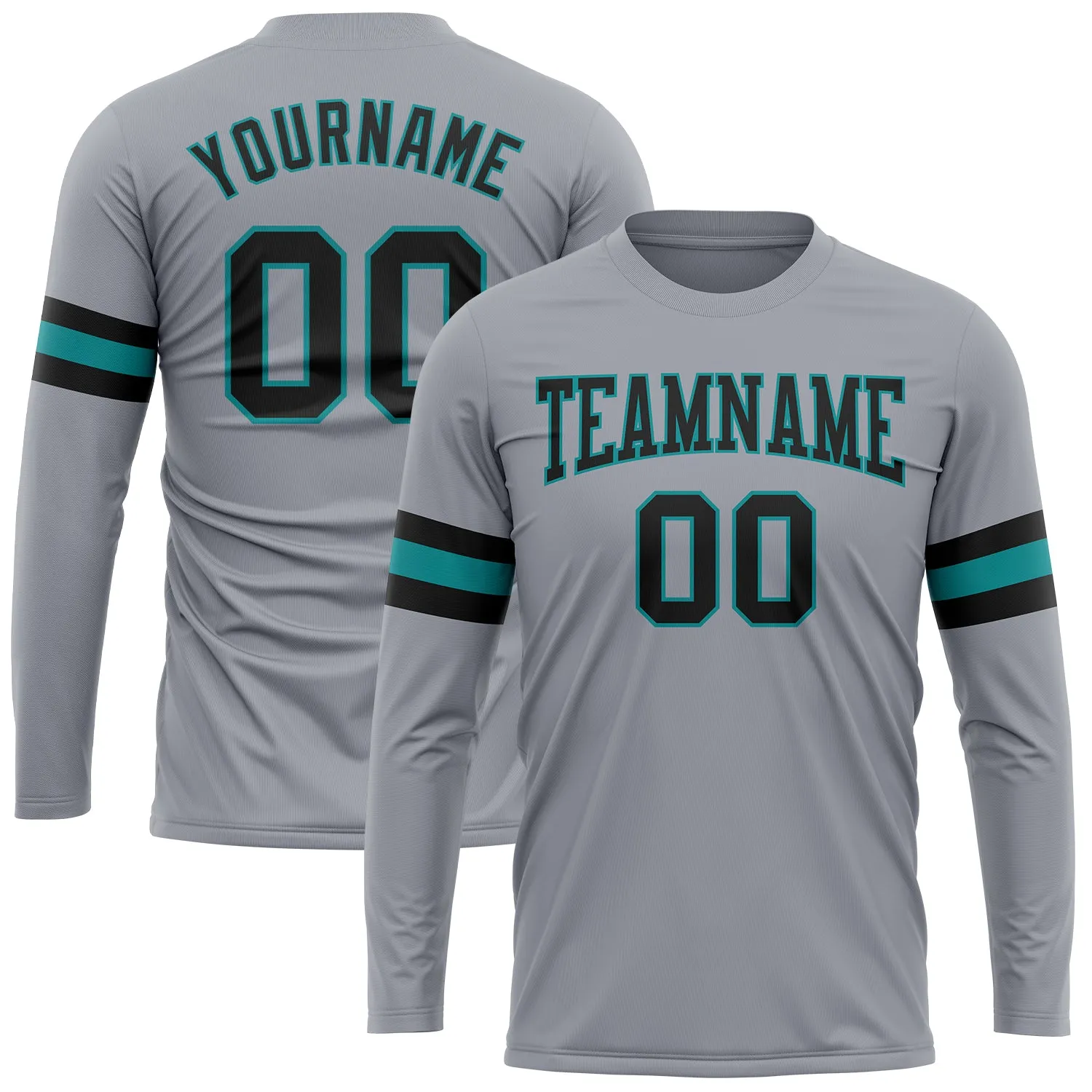 Custom Gray Black-Aqua Long Sleeve Performance T-Shirt