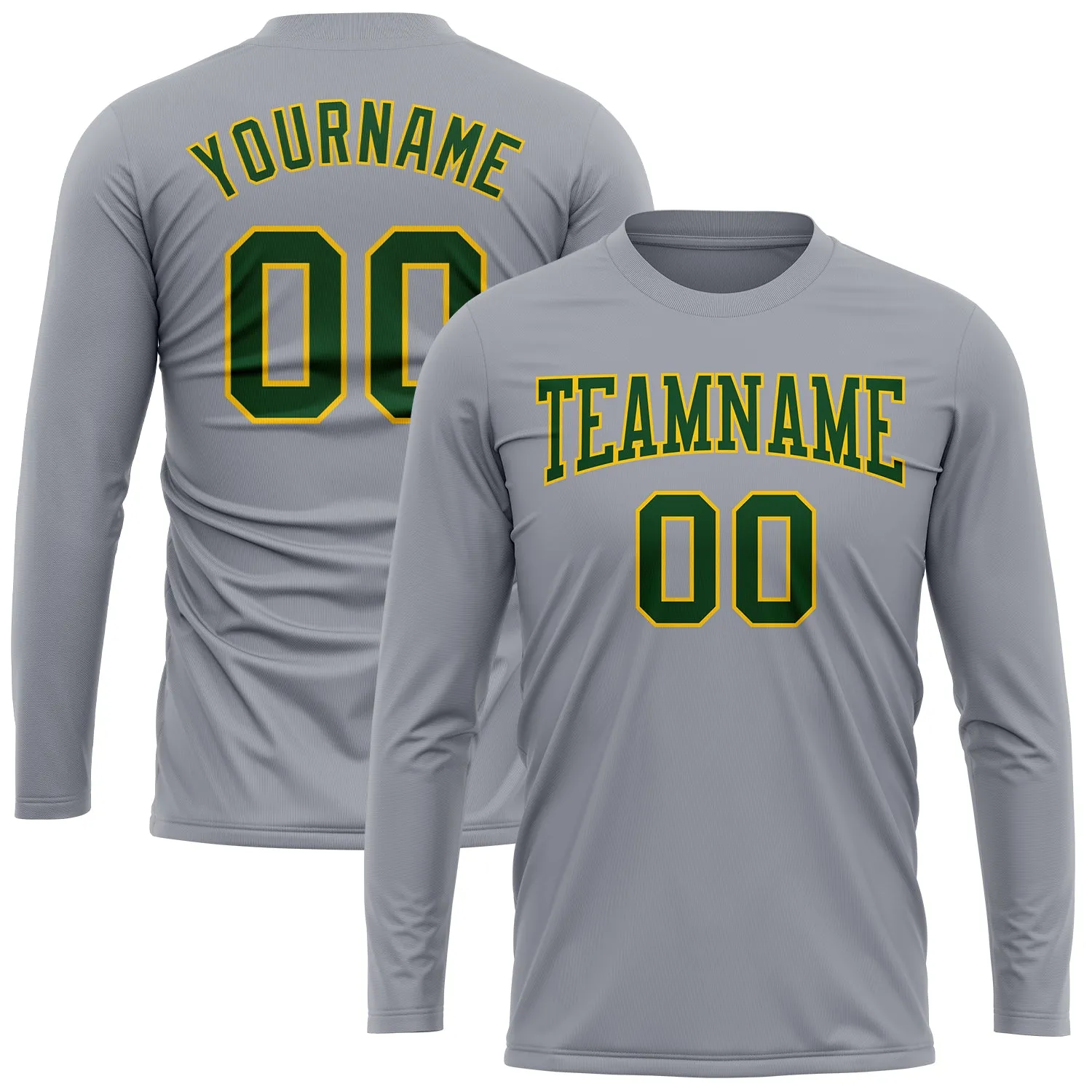 Custom Gray Green-Gold Long Sleeve Performance T-Shirt