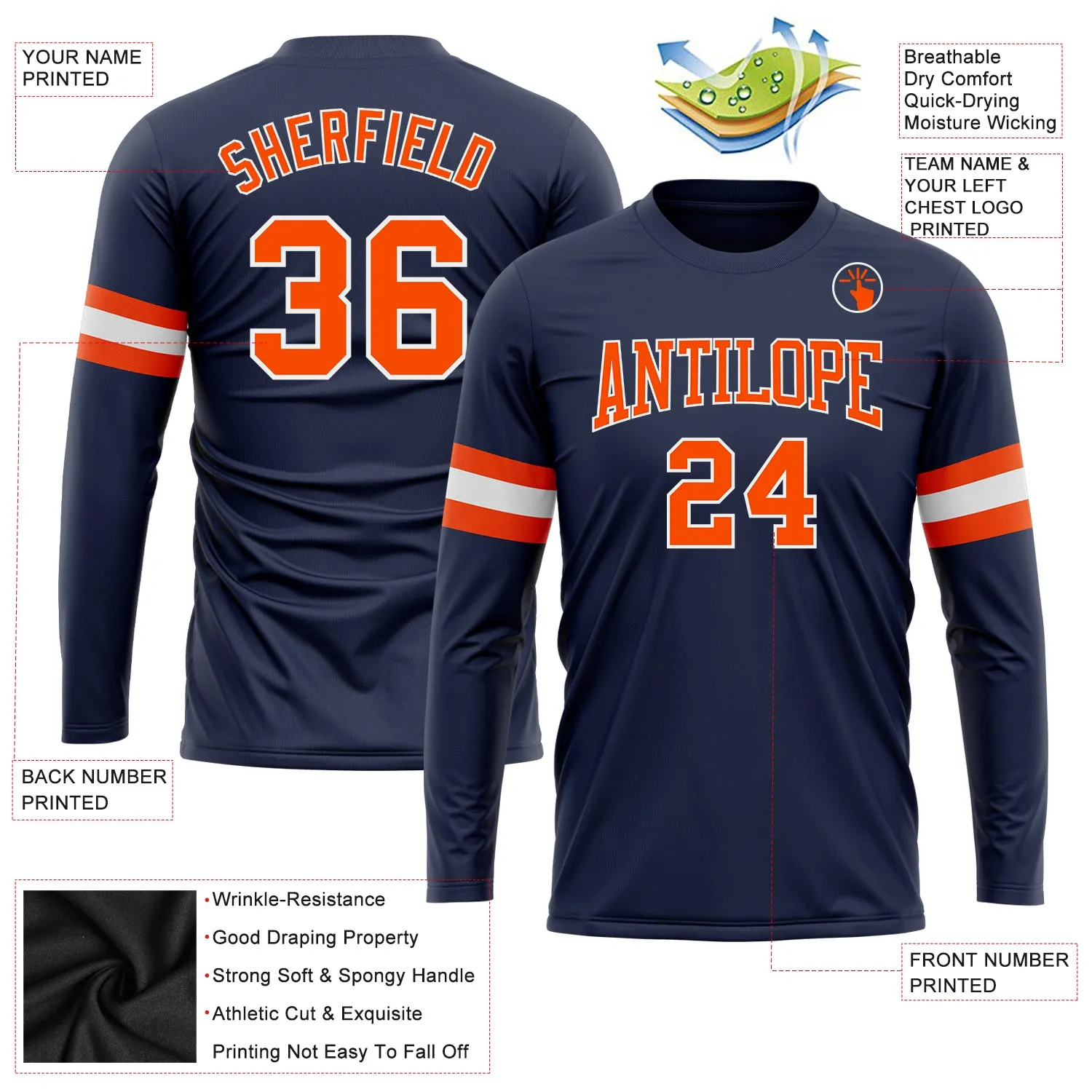 Custom Navy Orange-White Long Sleeve Performance Salute To Service T-Shirt