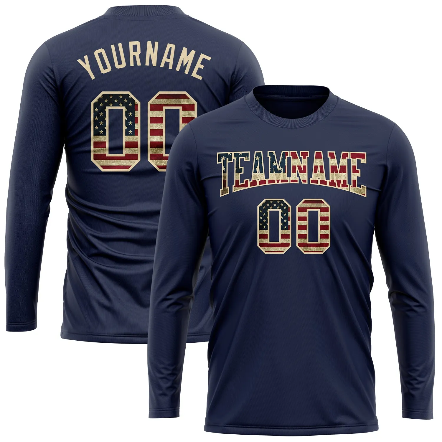 Custom Navy Vintage USA Flag Cream-Crimson Long Sleeve Performance Salute To Service T-Shirt