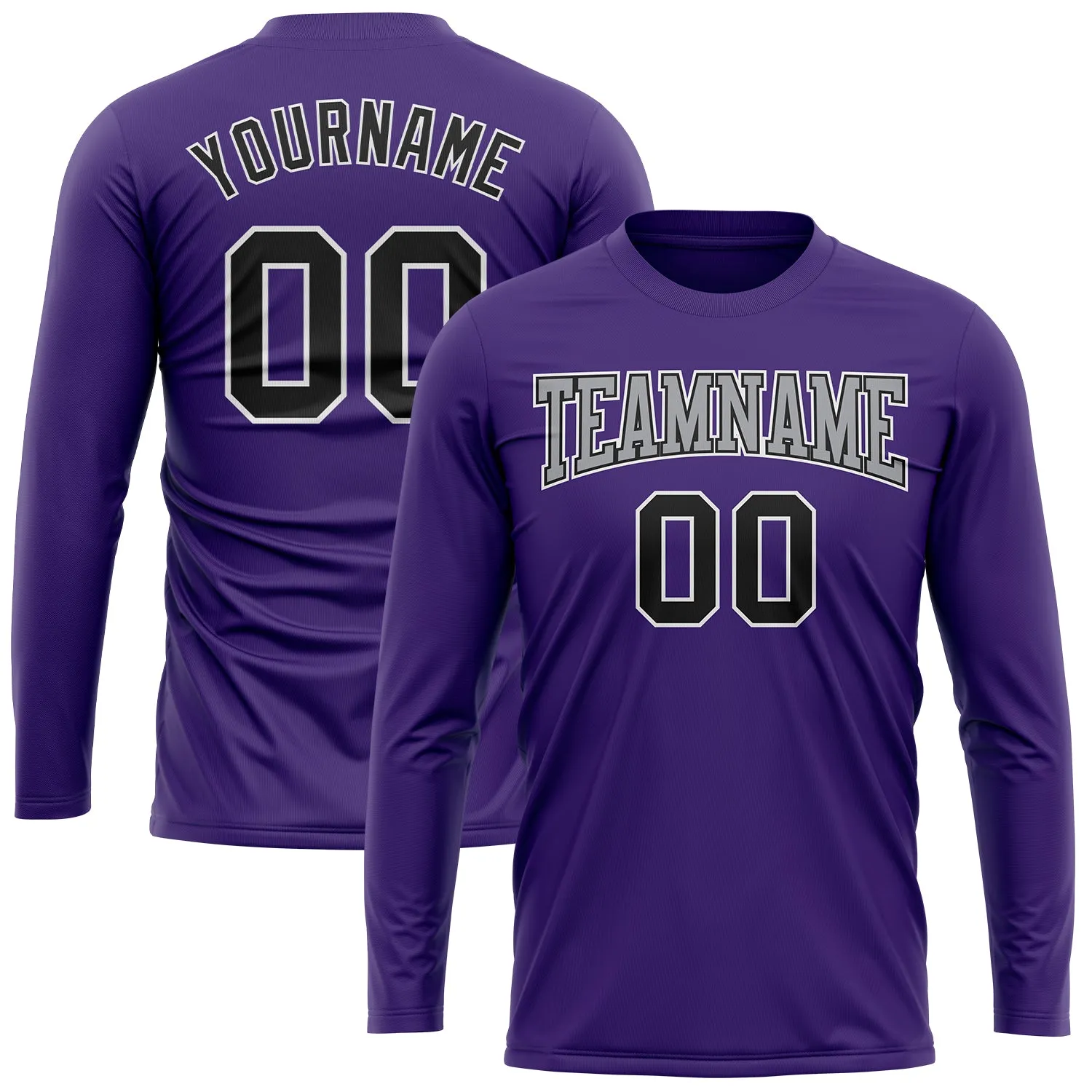 Custom Purple Black-Gray Long Sleeve Performance T-Shirt