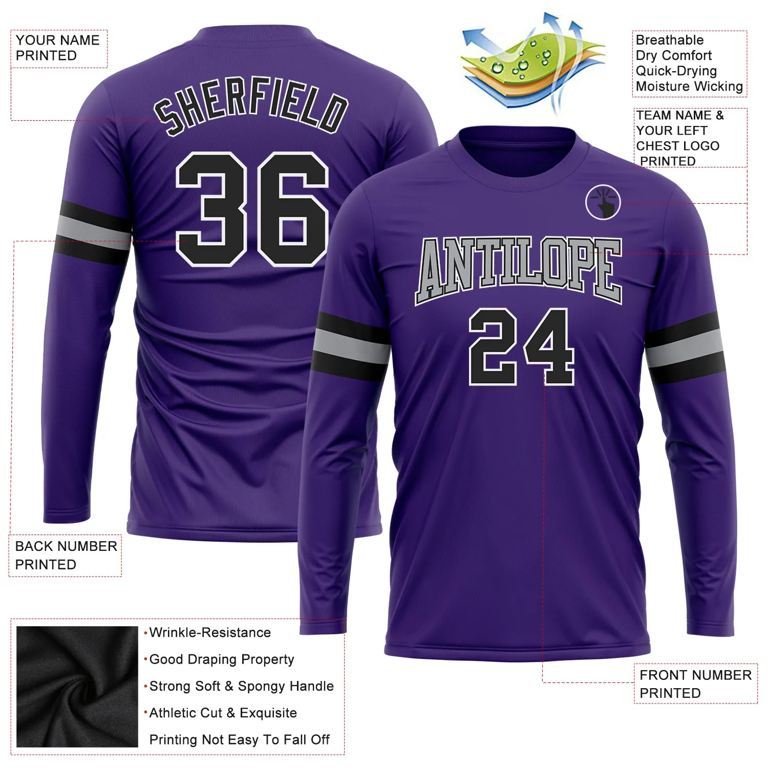 Custom Purple Black-Gray Long Sleeve Performance T-Shirt