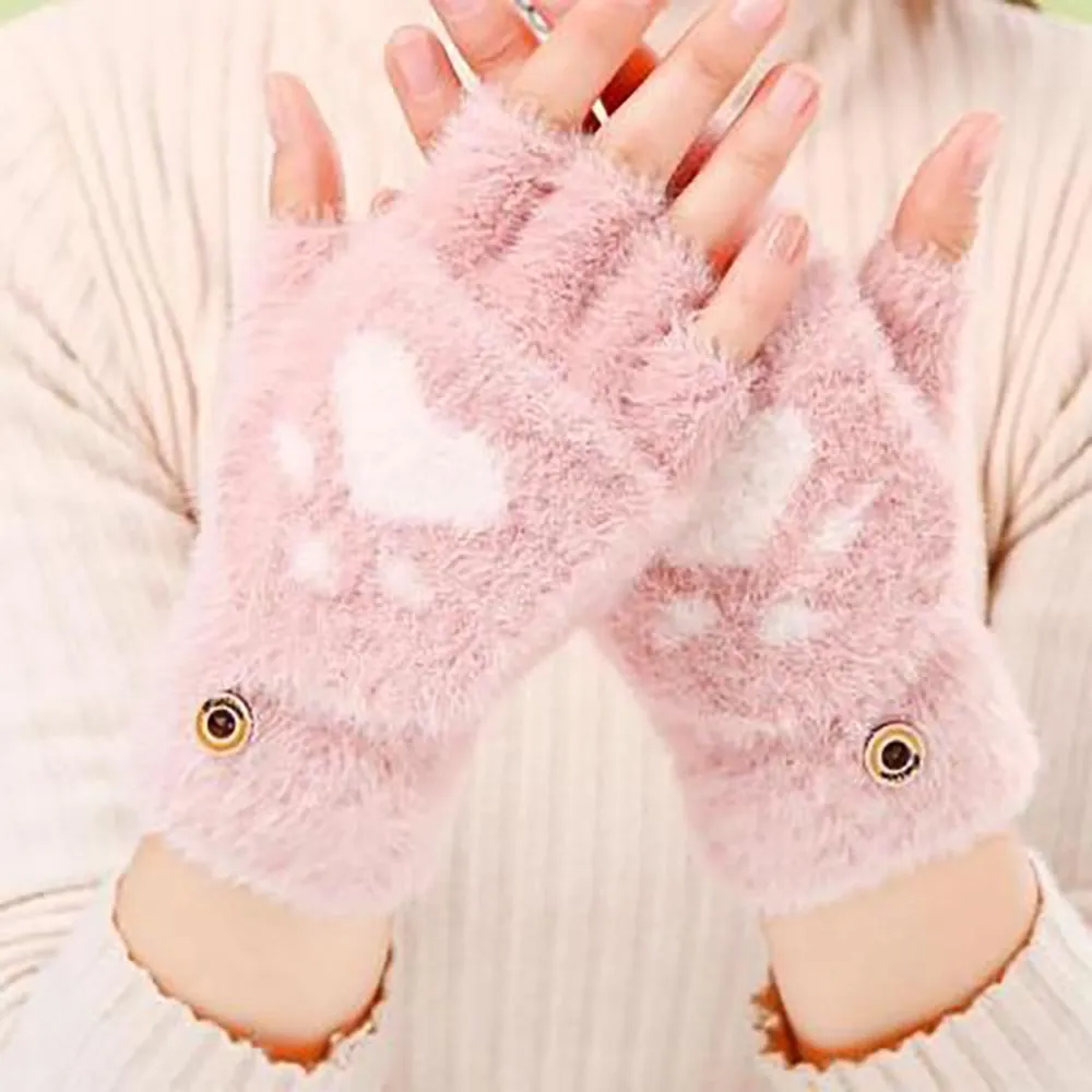 Cute Cat Claw Fingerless Winter Gloves