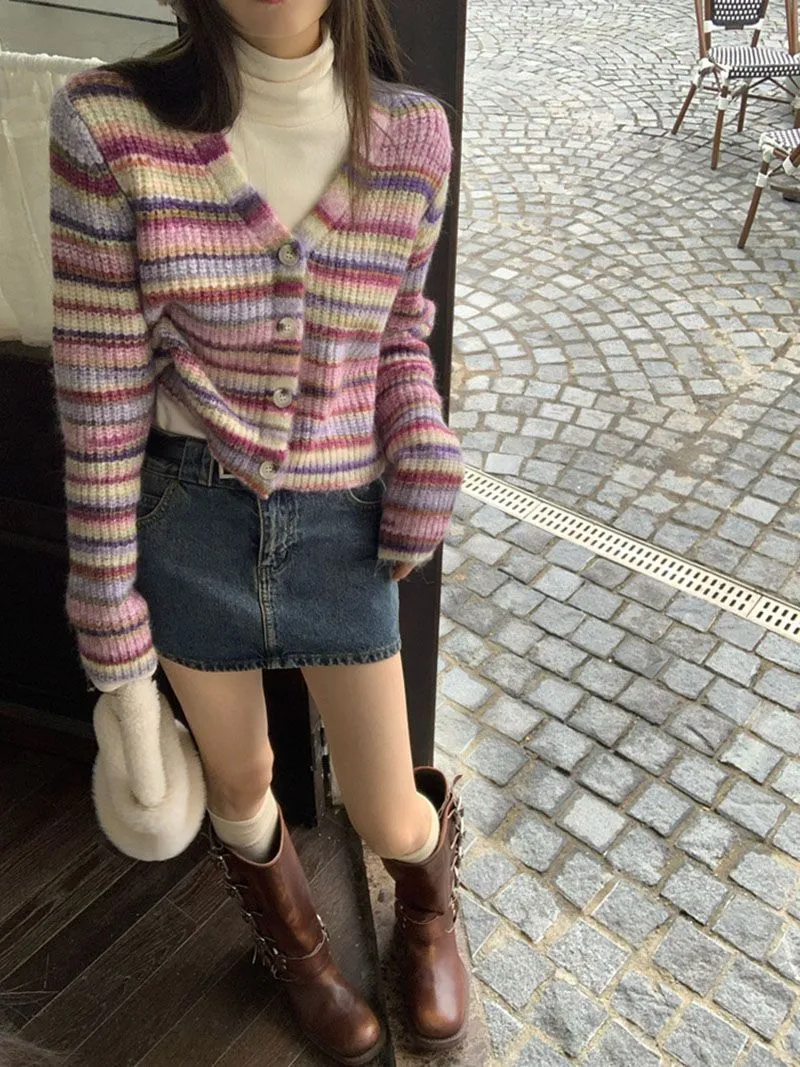 Cute Rainbow Striped V Neck Knit Holiday Cardigan Sweater