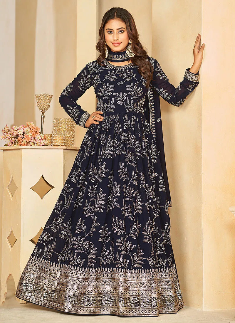 Dark Blue Sequence Embroidered Designer Anarkali Suit