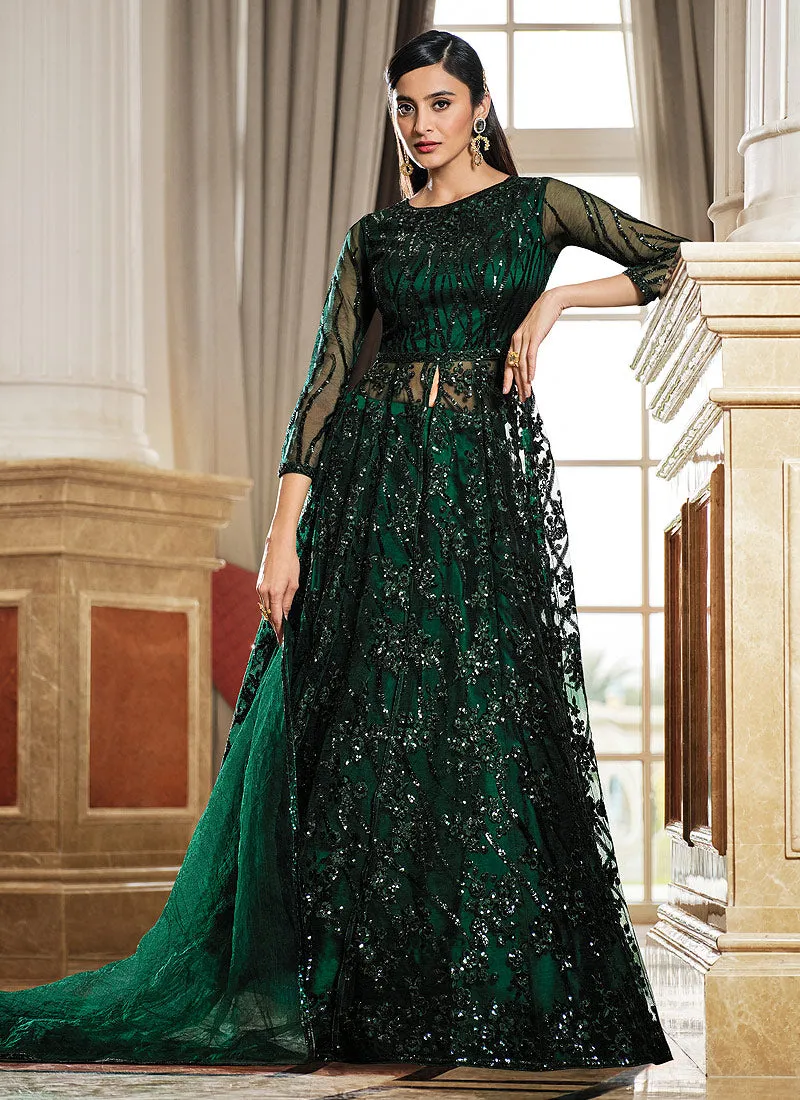 Dark Green Sequence Embroidered Designer Anarkali Lehenga/Pant Suit