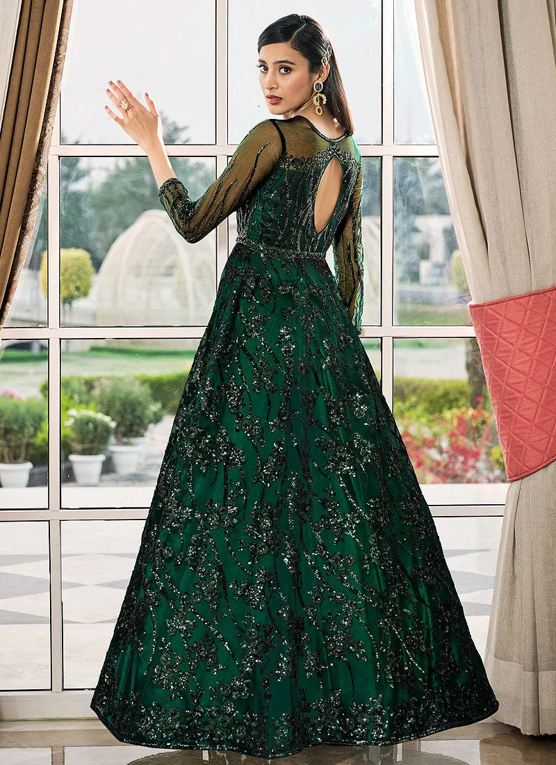 Dark Green Sequence Embroidered Designer Anarkali Lehenga/Pant Suit