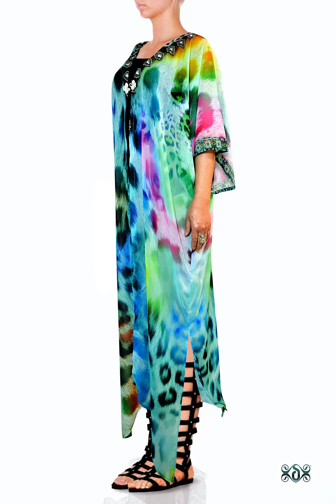 Devarshy Turquoise Leopard Animal Print Georgette Long Open Designer Kimono Jacket - 006