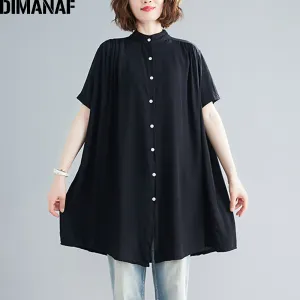 DIMANAF Summer Plus Size Blouse Shirts Women Clothing Lady Tops Tunic Cotton Casual Loose Pleated Button Cardigan Solid Black