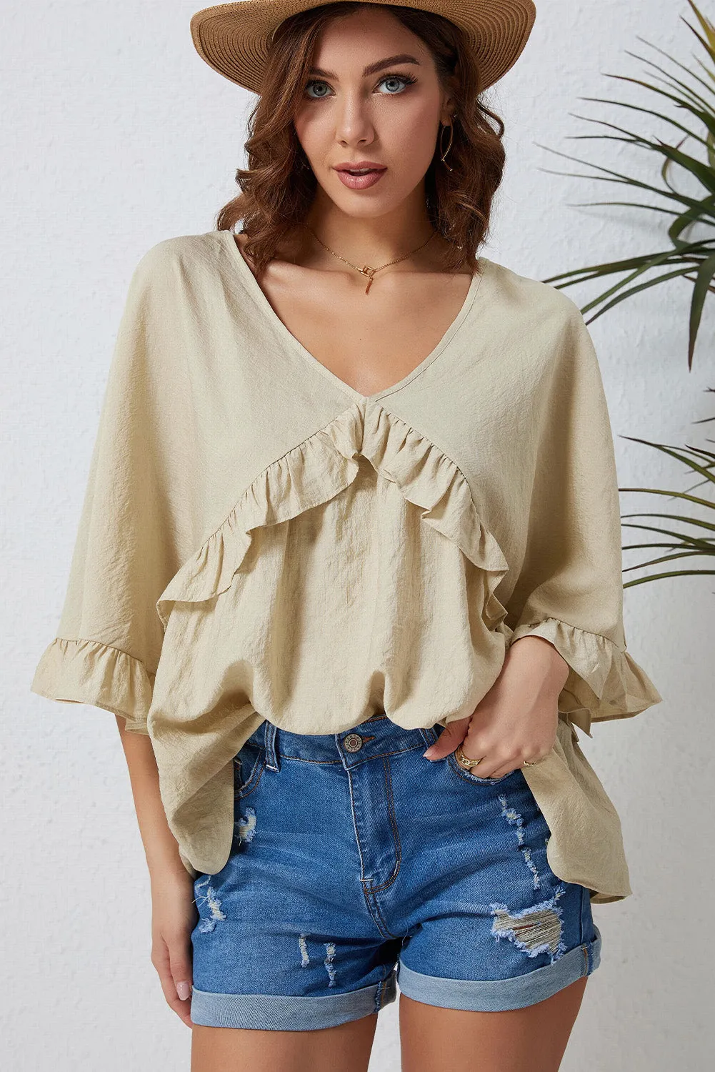 Double Take Ruffled V-Neck Half Sleeve Blouse