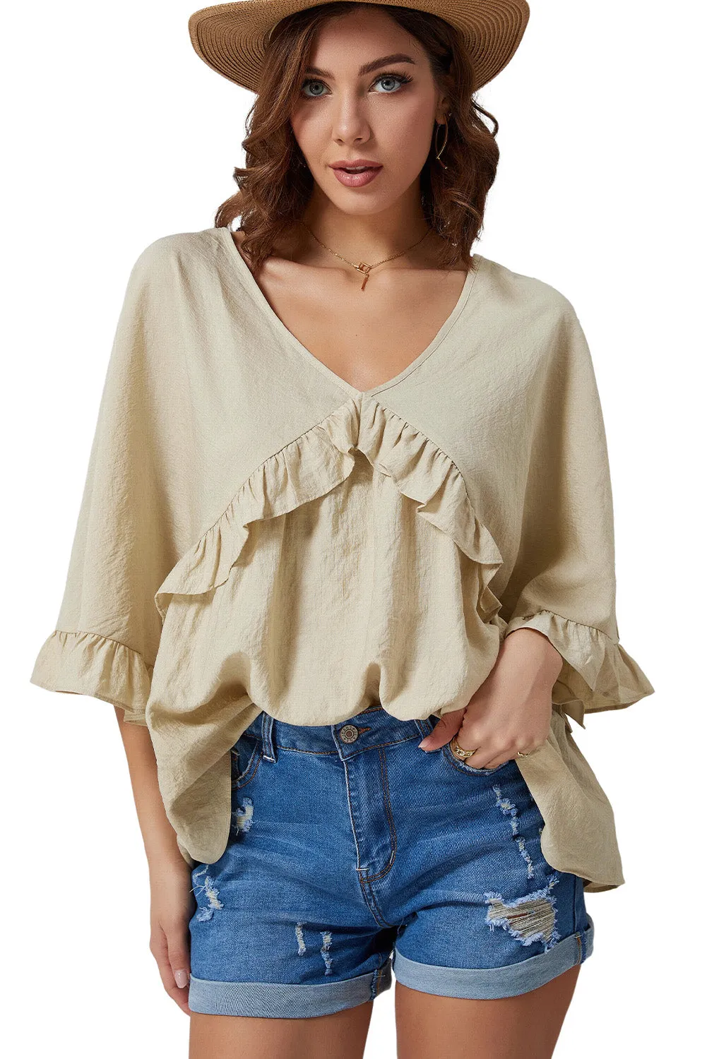 Double Take Ruffled V-Neck Half Sleeve Blouse