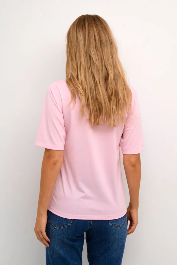 ELBOW SLEEVE V NECK PINK T SHIRT