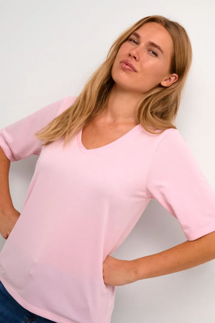 ELBOW SLEEVE V NECK PINK T SHIRT