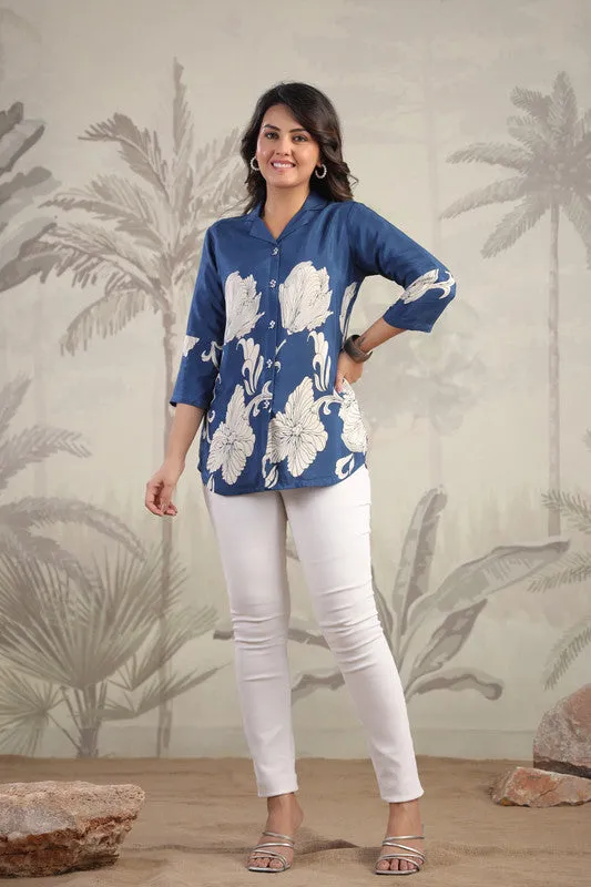 Elegant Floral Print Blue Tunic Russian Silk Top