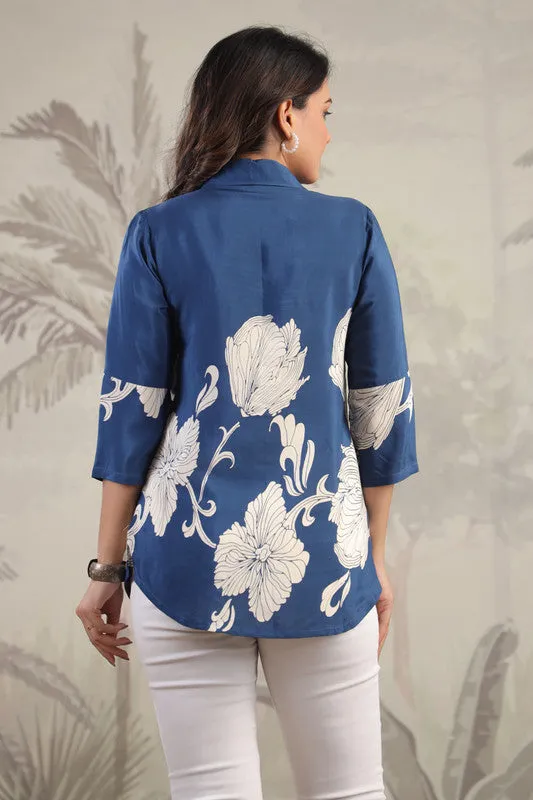 Elegant Floral Print Blue Tunic Russian Silk Top