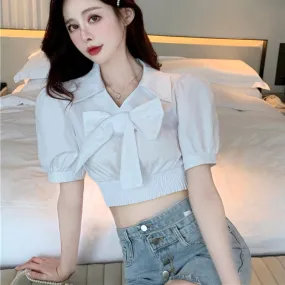 Elegant Tunic Women Blouse Summer Short Sleeve White Korean Bow Knot Ladies Crop Tops Fashion European Style Chic Tops