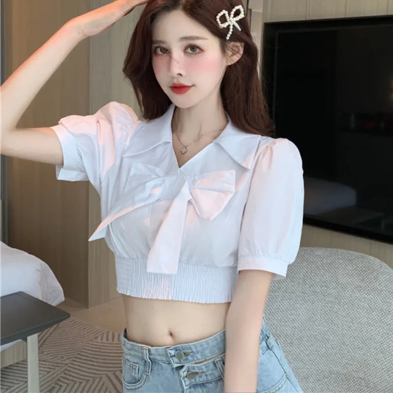 Elegant Tunic Women Blouse Summer Short Sleeve White Korean Bow Knot Ladies Crop Tops Fashion European Style Chic Tops