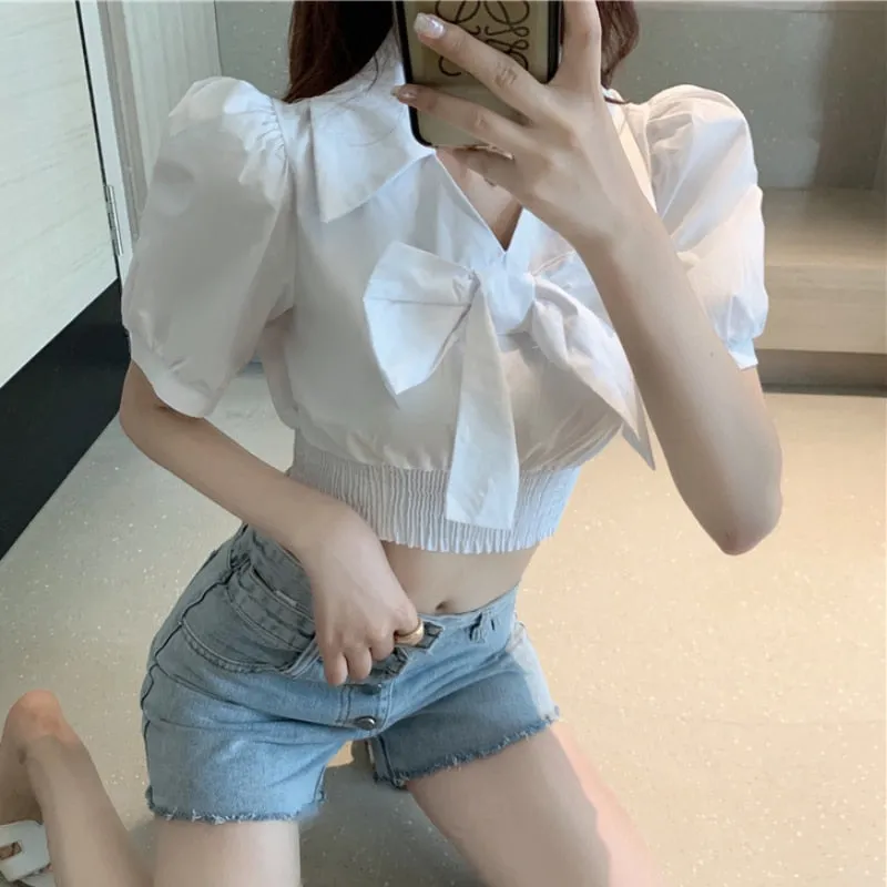 Elegant Tunic Women Blouse Summer Short Sleeve White Korean Bow Knot Ladies Crop Tops Fashion European Style Chic Tops