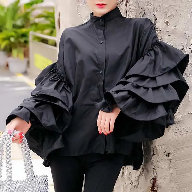 Fashion Long Flare Sleeve Women Vintage Blouse 2022 Ruffled Shirts Casual Long Sleeve Tops Buttons Elegant Party Blusas