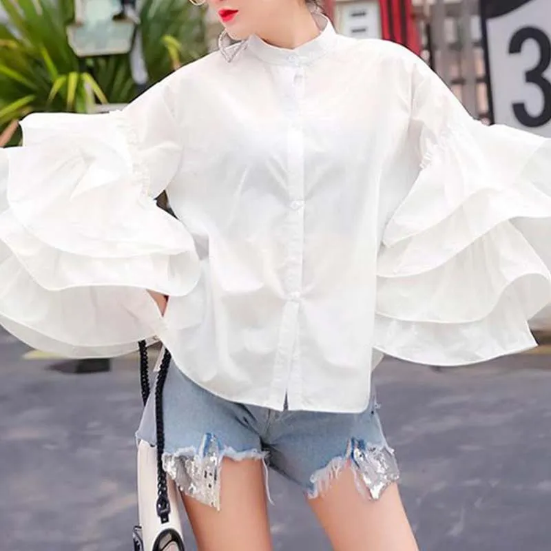 Fashion Long Flare Sleeve Women Vintage Blouse 2022 Ruffled Shirts Casual Long Sleeve Tops Buttons Elegant Party Blusas