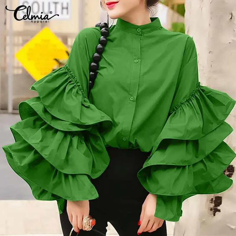 Fashion Long Flare Sleeve Women Vintage Blouse 2022 Ruffled Shirts Casual Long Sleeve Tops Buttons Elegant Party Blusas