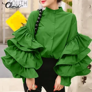 Fashion Long Flare Sleeve Women Vintage Blouse 2022 Ruffled Shirts Casual Long Sleeve Tops Buttons Elegant Party Blusas