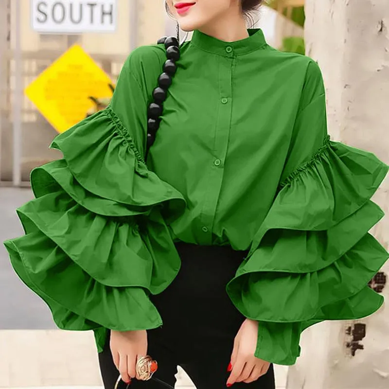 Fashion Long Flare Sleeve Women Vintage Blouse 2022 Ruffled Shirts Casual Long Sleeve Tops Buttons Elegant Party Blusas