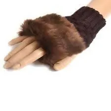 Fashion Women Faux Rabbit Furr Hand Wrist Warmer Winter Fingerless Knitted Gloves